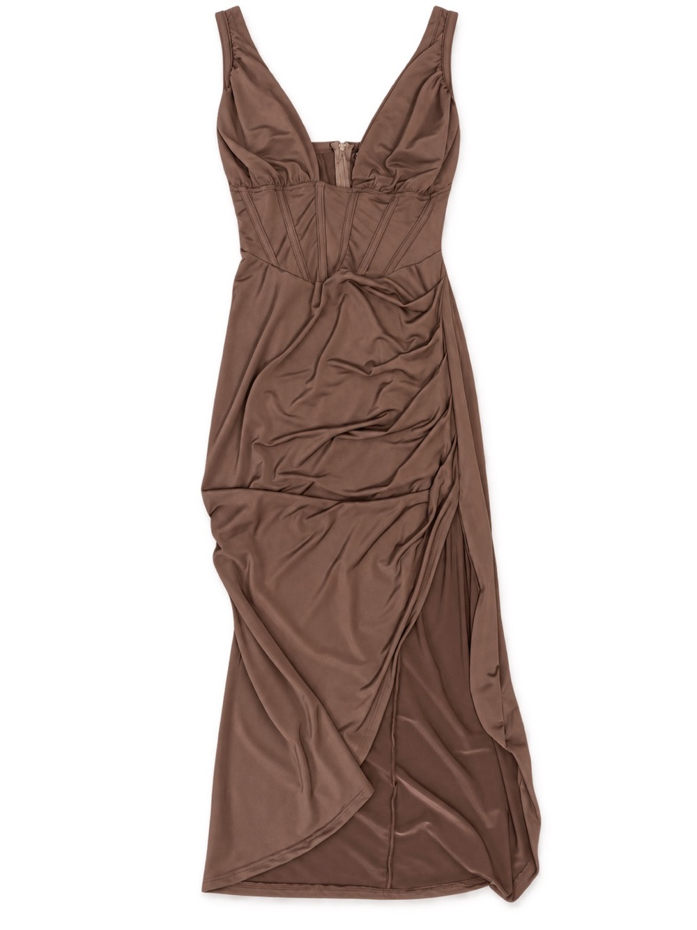 Fashion Nova Chocolate Brown Ruched V-Neck Maxi Dress